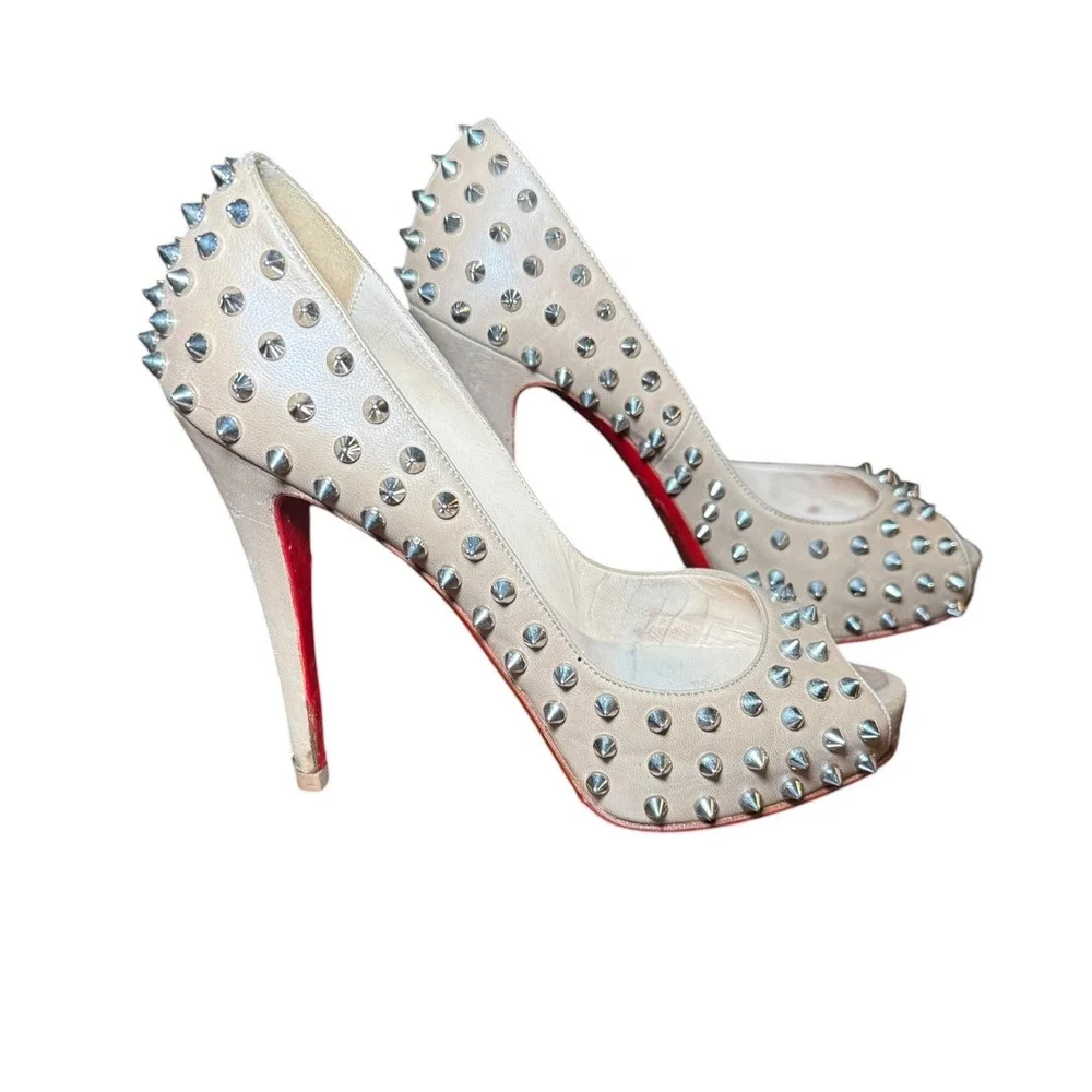 Christian Louboutin Alti Spikes 160 Nude Leather Peep Toe Platform Pumps 38